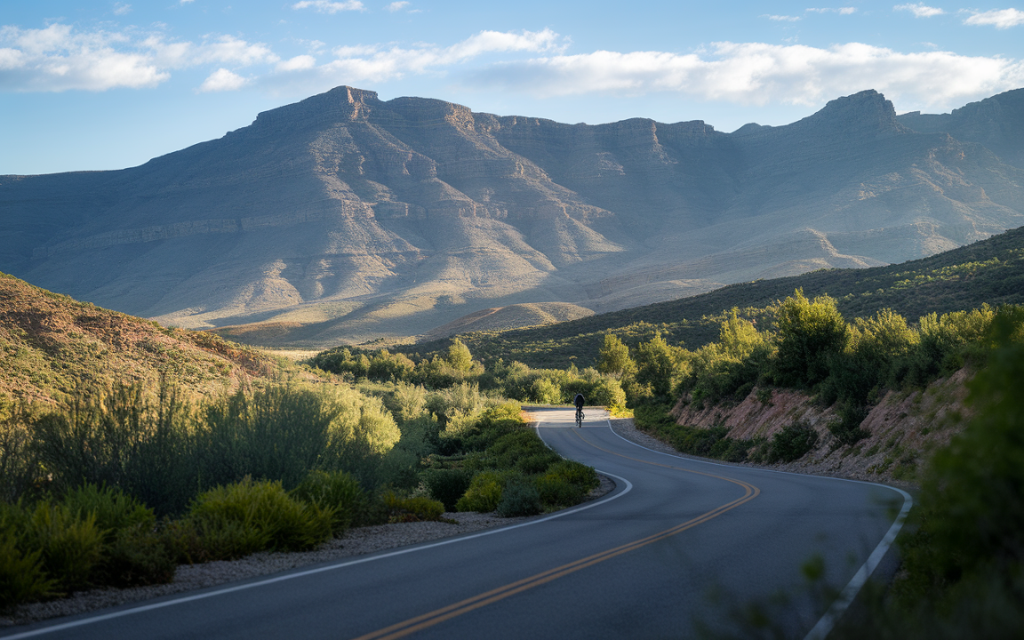 Cycliste sur une route sinueuse entourée de collines verdoyantes et de montagnes majestueuses sous un ciel partiellement nuageux.