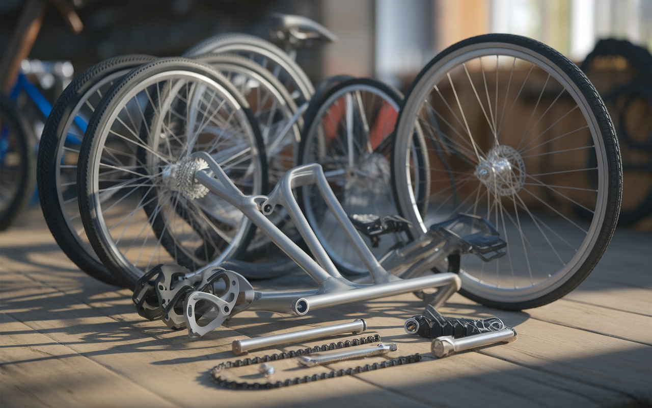 Des pièces de vélo, dont un cadre en métal, des roues, des pédales et une chaîne, sont disposées sur un sol en bois.