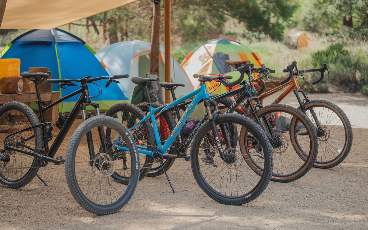 Des vélos de montagne stationnés près de tentes colorées en pleine nature, sur un sol en gravier. Une ambiance de camping conviviale.