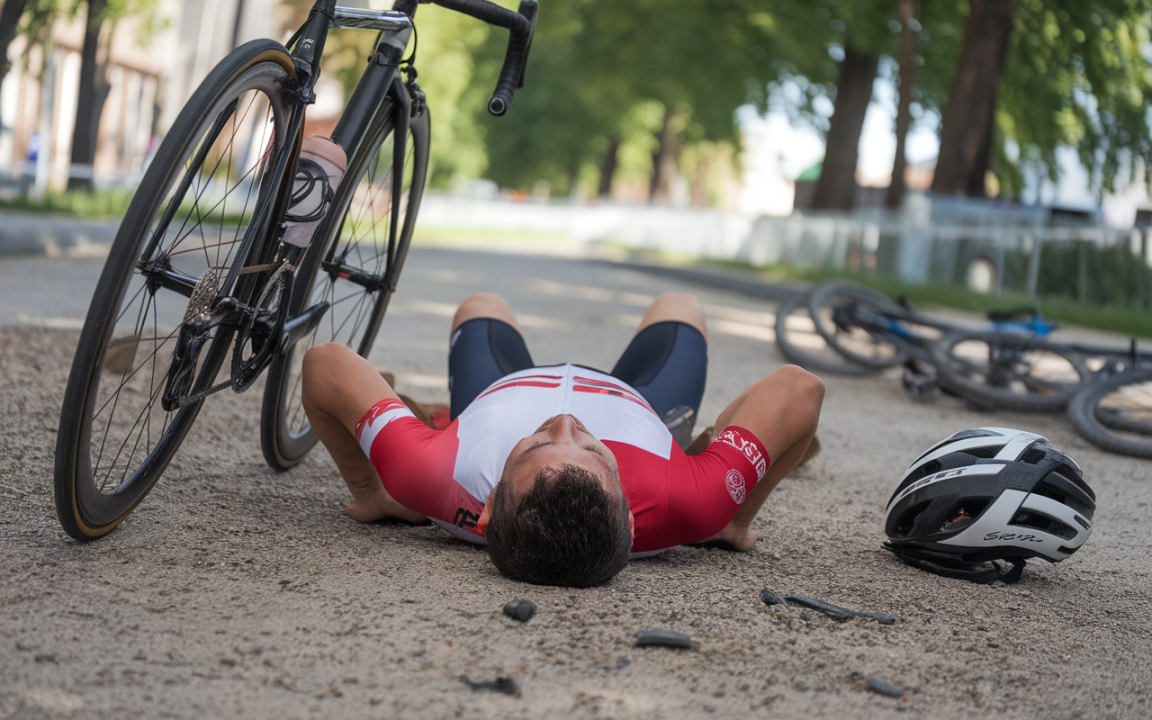 Un cycliste est allongé sur le sol, visiblement blessé, avec un vélo et un casque à proximité.