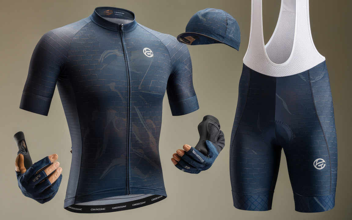 Vêtements de cyclisme : maillot à manches courtes, cuissard, gants et casquette, tous en bleu foncé avec motifs subtils.