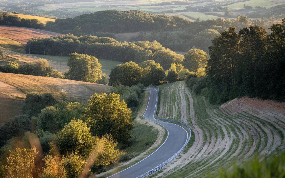 Route sinueuse traversant des collines verdoyantes, entourée d'arbres, sous une lumière douce du coucher de soleil. Vue panoramique paisible.