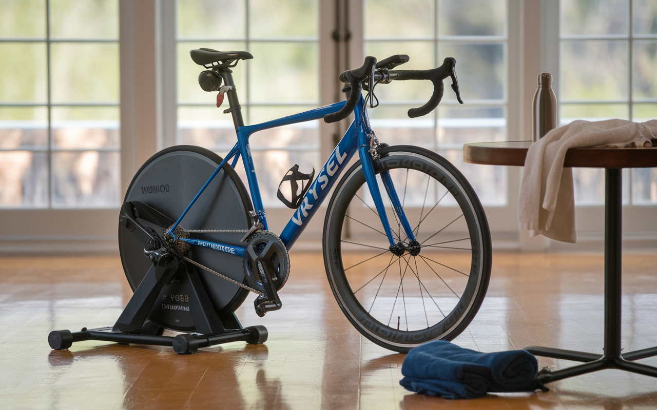 Vélo de course bleu sur un support d'entraînement, serviette et bouteille d'eau sur une table à proximité, lumière naturelle.