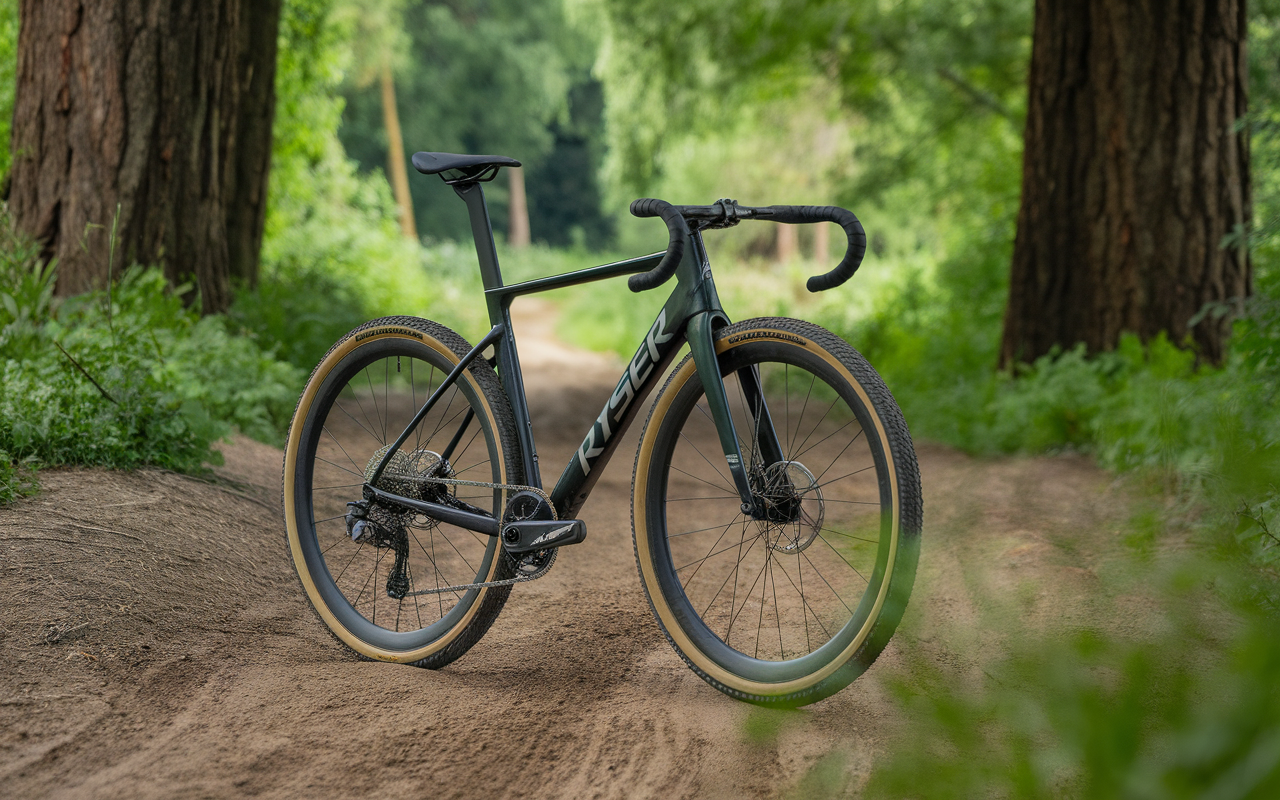 Vélo de montagne noir posé sur un sentier en terre, entouré de verdure et d'arbres en arrière-plan.