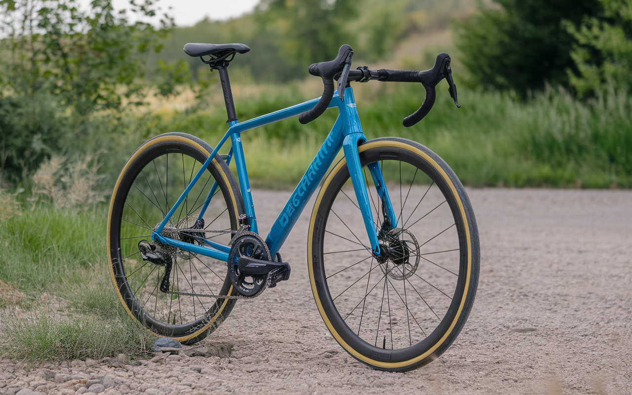Vélo de route bleu posé sur un chemin de gravier, entouré de verdure et d'arbres en arrière-plan.