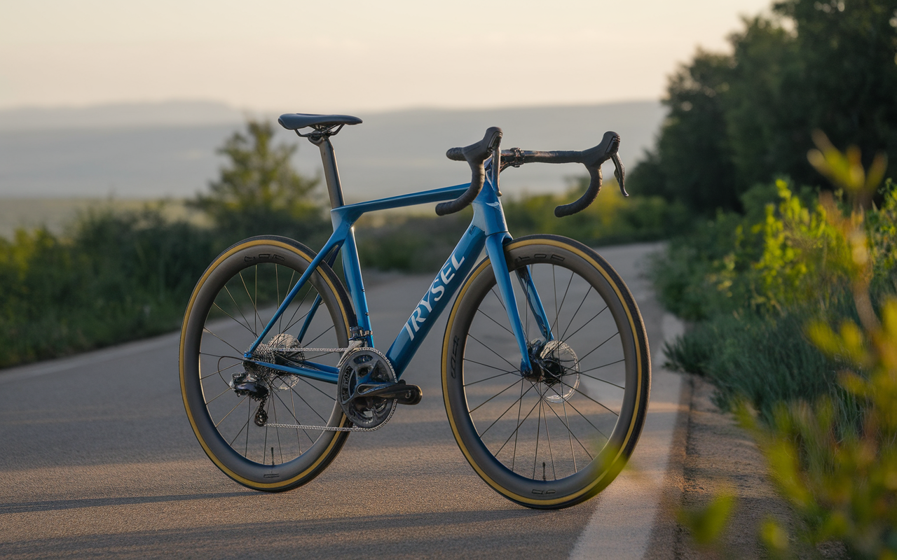 Vélo de route bleu élégant sur une route déserte, avec un éclairage doux au lever du soleil et des paysages verdoyants en arrière-plan.