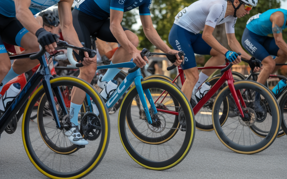Groupe de coureurs à vélo en pleine compétition, mettant en avant des bicyclettes de différentes couleurs et des chaussures adaptées.