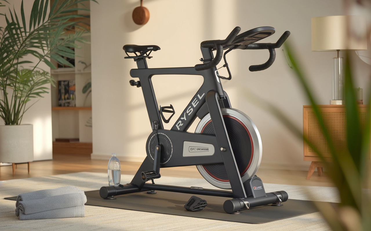 Vélo d'appartement moderne sur un tapis, avec une bouteille d'eau et des serviettes, dans un intérieur lumineux et décoré.