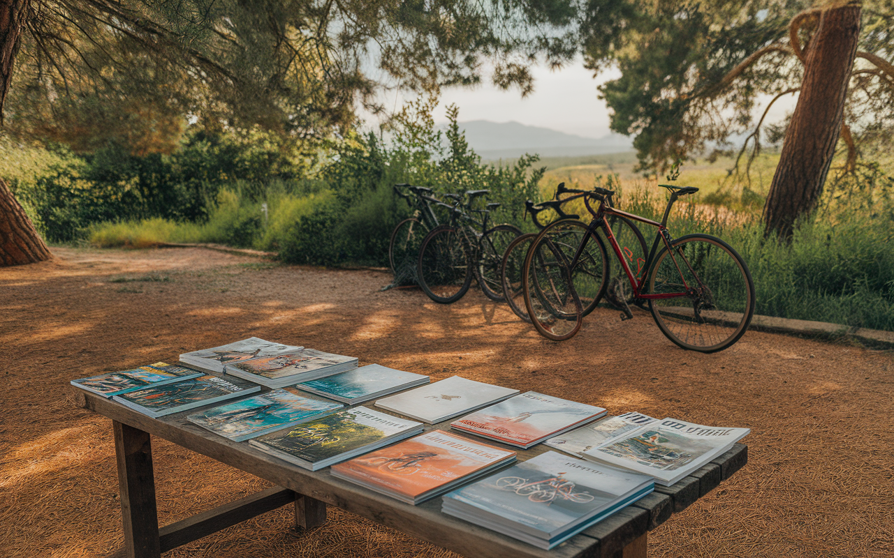 Une table en bois porte des magazines, tandis que des vélos sont garés à l'arrière-plan, entourés de verdure.
