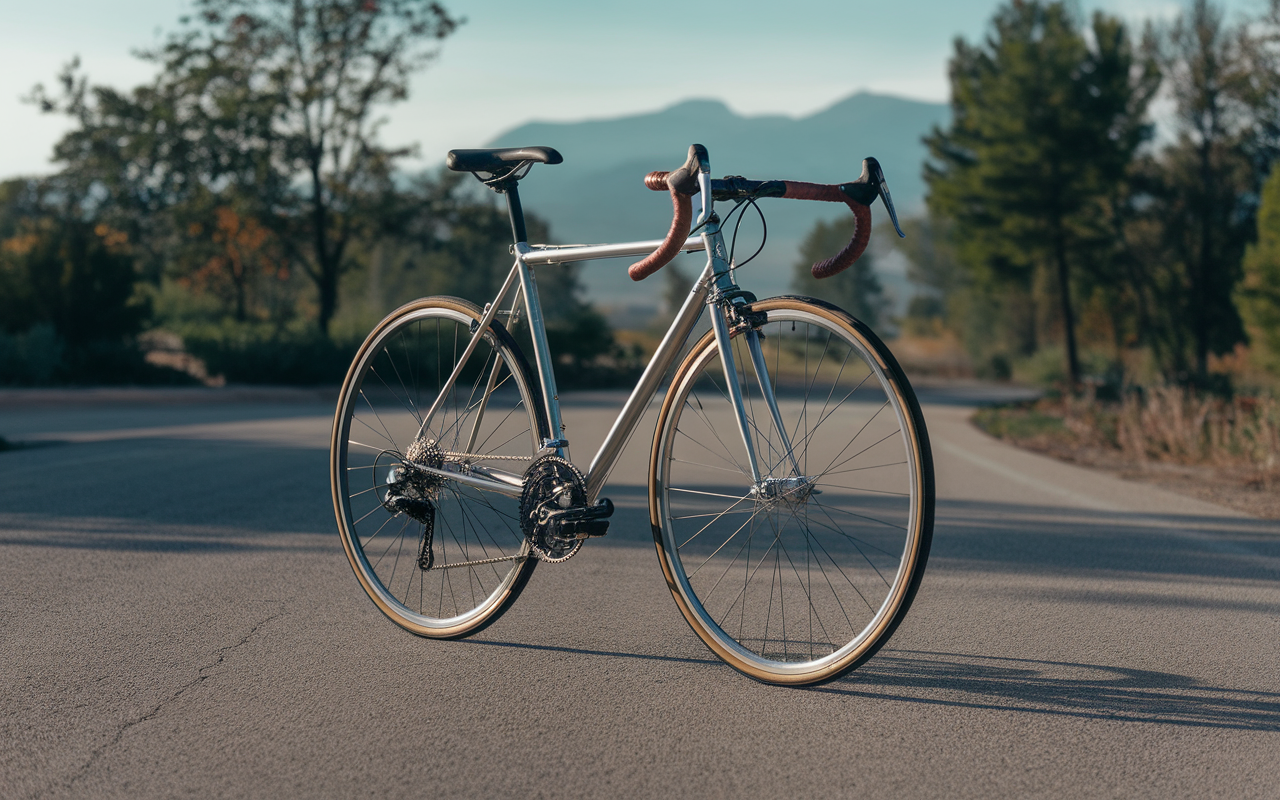 Vélo en aluminium argenté sur une route avec des montagnes en arrière-plan et des arbres verdoyants.