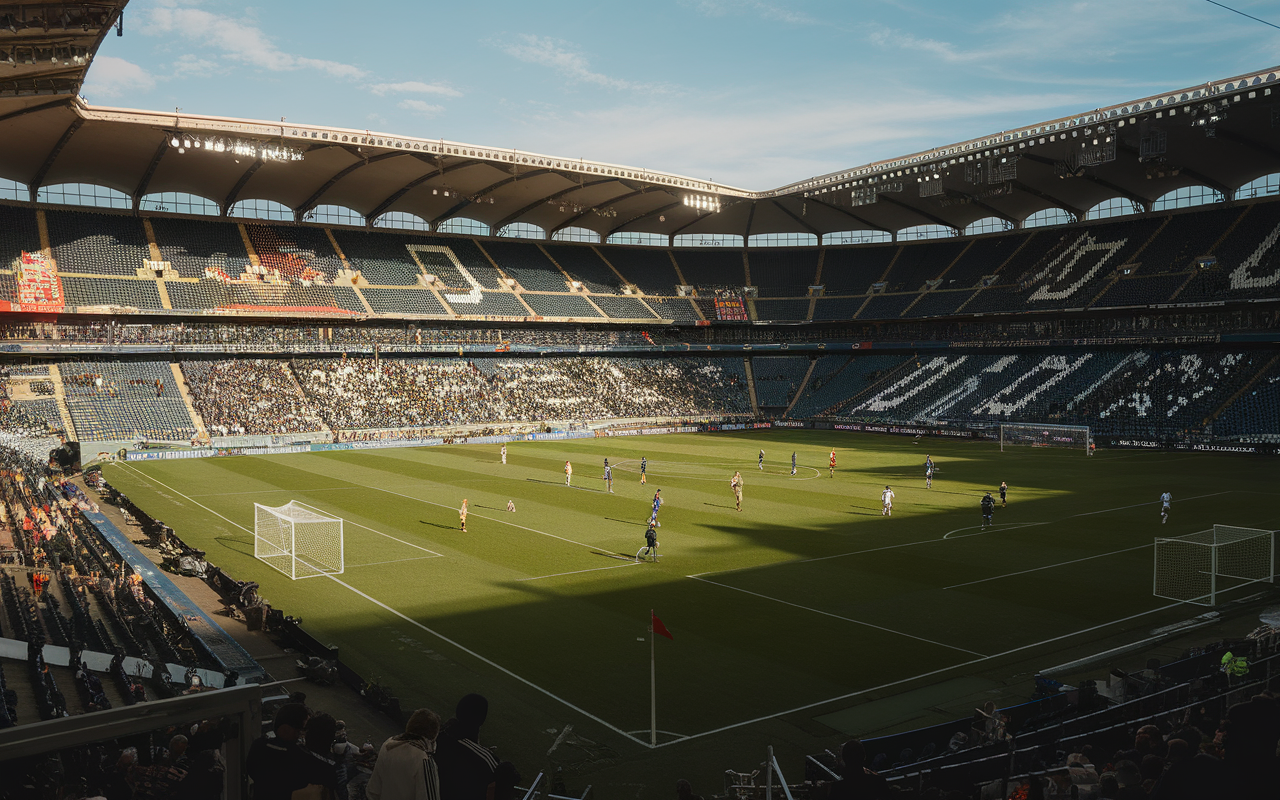 Stade de football en plein match, joueurs sur le terrain, gradins partiellement remplis, lumière du jour à travers le toit.