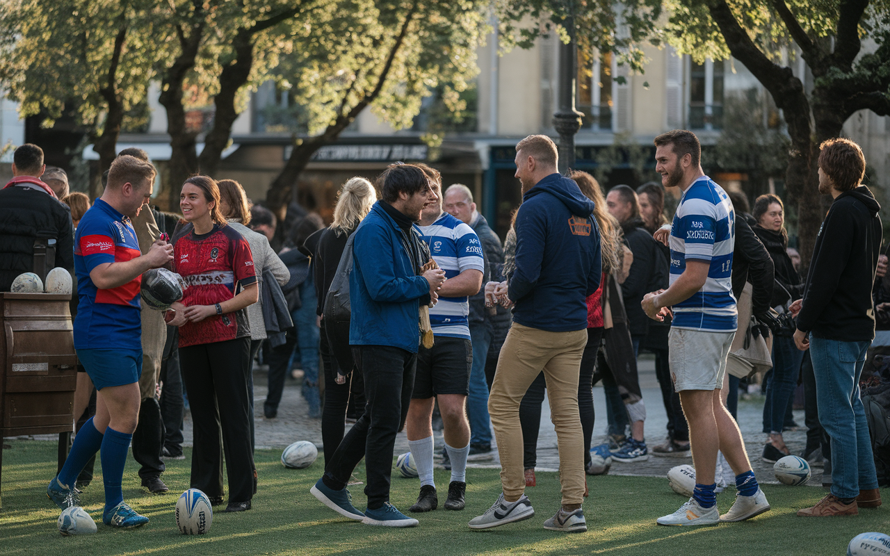 Groupe de personnes discutant dans un parc, des joueurs de rugby en tenue, avec des ballons autour. Ambiance conviviale.