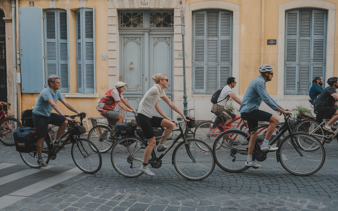 Un groupe de cyclistes sur une route pavée, avec des bâtiments aux volets bleus en arrière-plan. Journée ensoleillée.