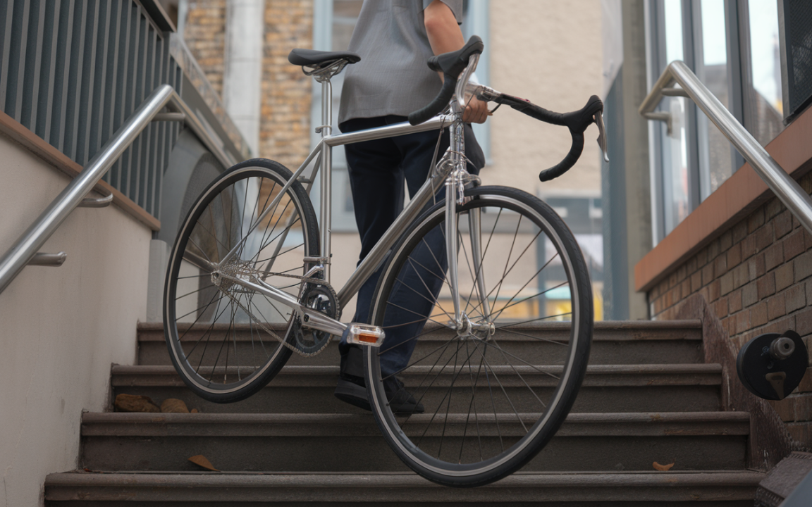 Une personne portant un vélo en métal chromé monte des escaliers dans un environnement urbain.