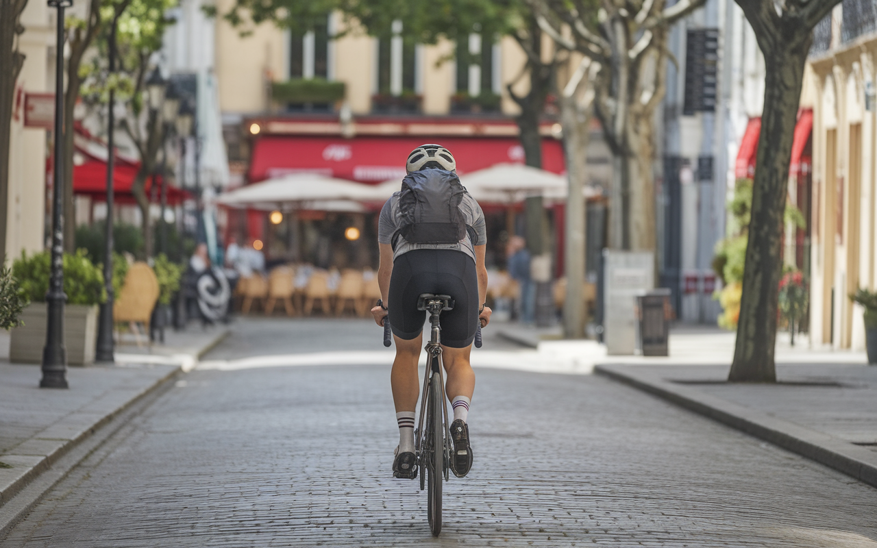 Un cycliste portant un casque et un sac à dos roule dans une rue bordée de terrasses café et d'arbres.