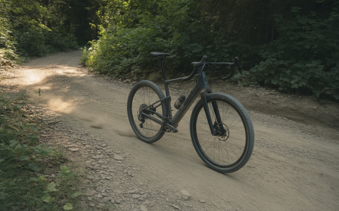 Vélo sur un chemin de terre, entouré de végétation dense, avec des particules de poussière soulevées par les roues.