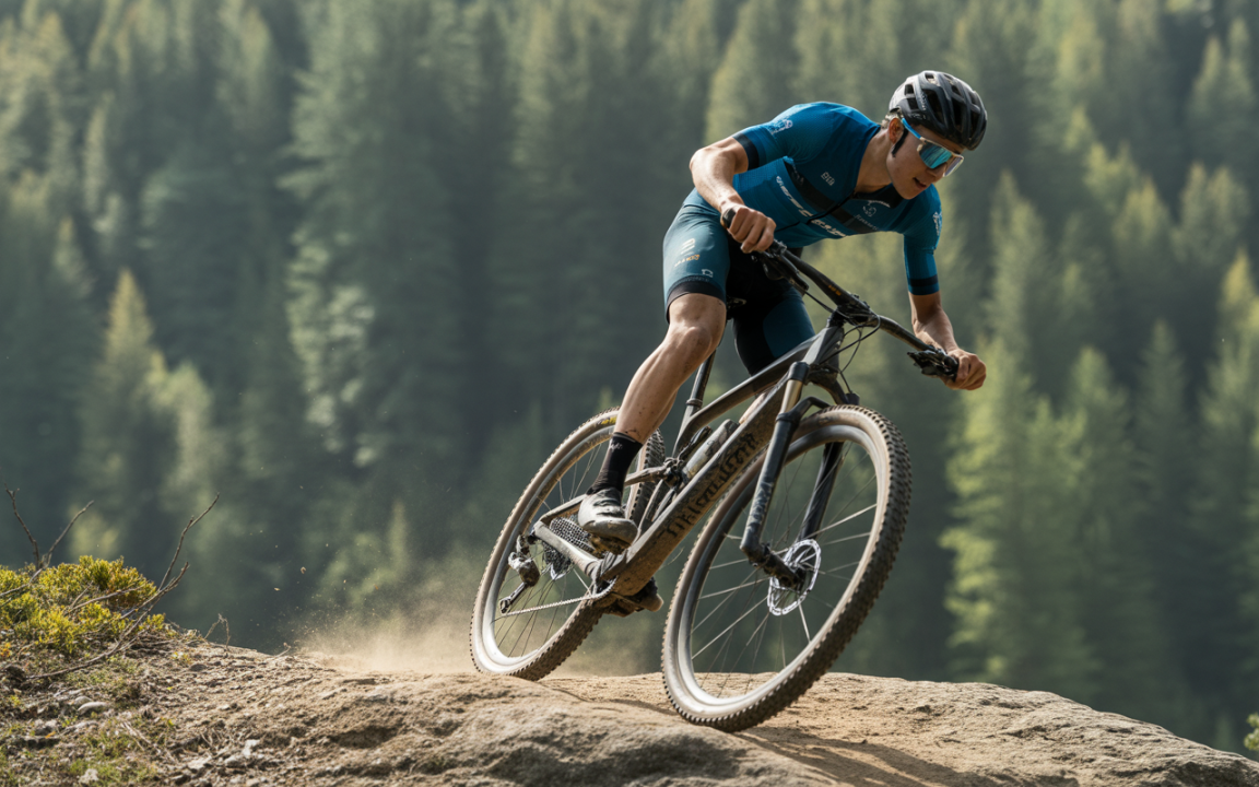 Un cycliste effectue un saut sur un chemin de terre, entouré par des arbres verdoyants, sous un ciel clair.