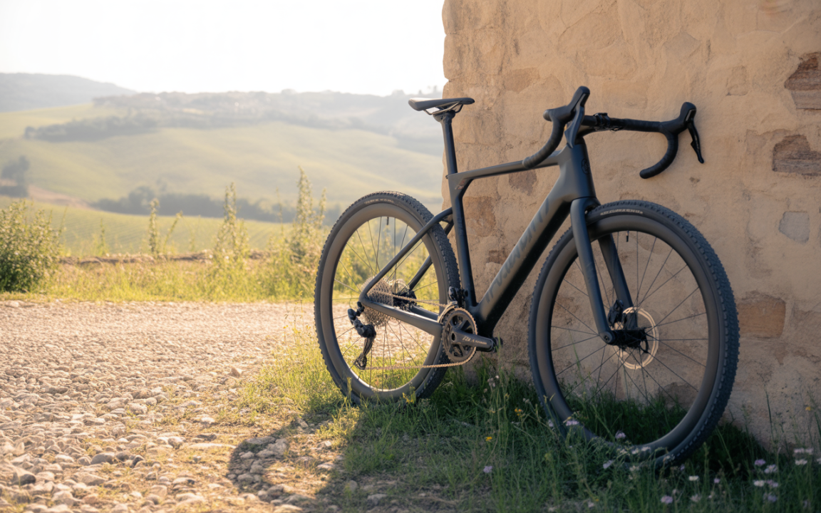 Vélo supporté contre un mur de pierre, entouré de prairies verdoyantes sous un ciel lumineux. Paysage rural en arrière-plan.