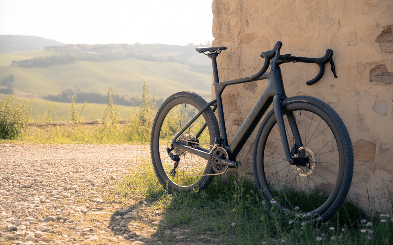 Vélo supporté contre un mur de pierre, entouré de prairies verdoyantes sous un ciel lumineux. Paysage rural en arrière-plan.