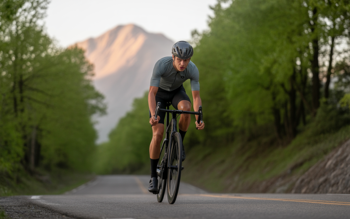 Un homme en vélo de route roule sur une route, entouré d'arbres verts, avec une montagne en arrière-plan sous un ciel clair.