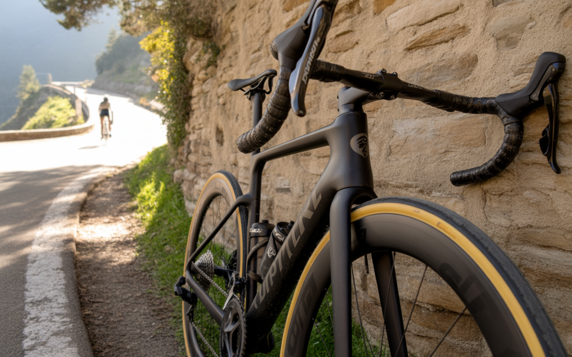 Un vélo de route noir est appuyé contre un mur de pierre, avec un cycliste au loin sur une route sinueuse.