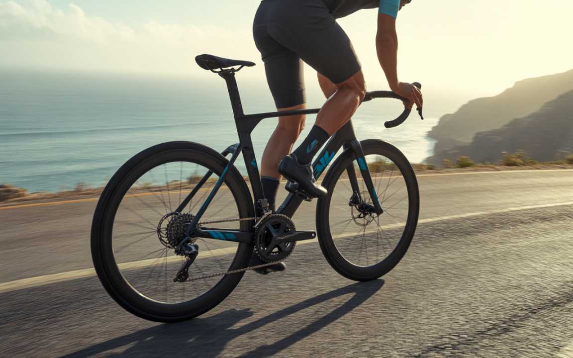 Cycliste sur un vélo de route noir et bleu, roulant le long d'une route côtière avec vue sur l'océan au coucher de soleil.