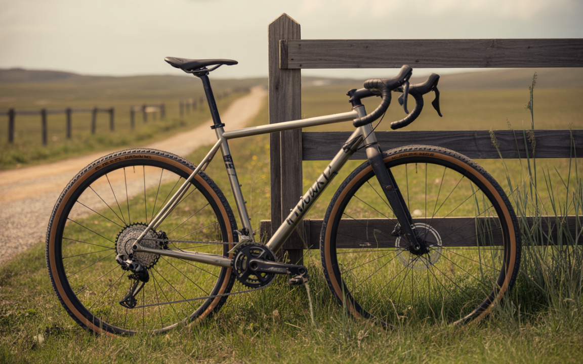 Vélo en acier gris posé près d'une clôture en bois, sur un chemin de campagne verdoyant et ensoleillé.