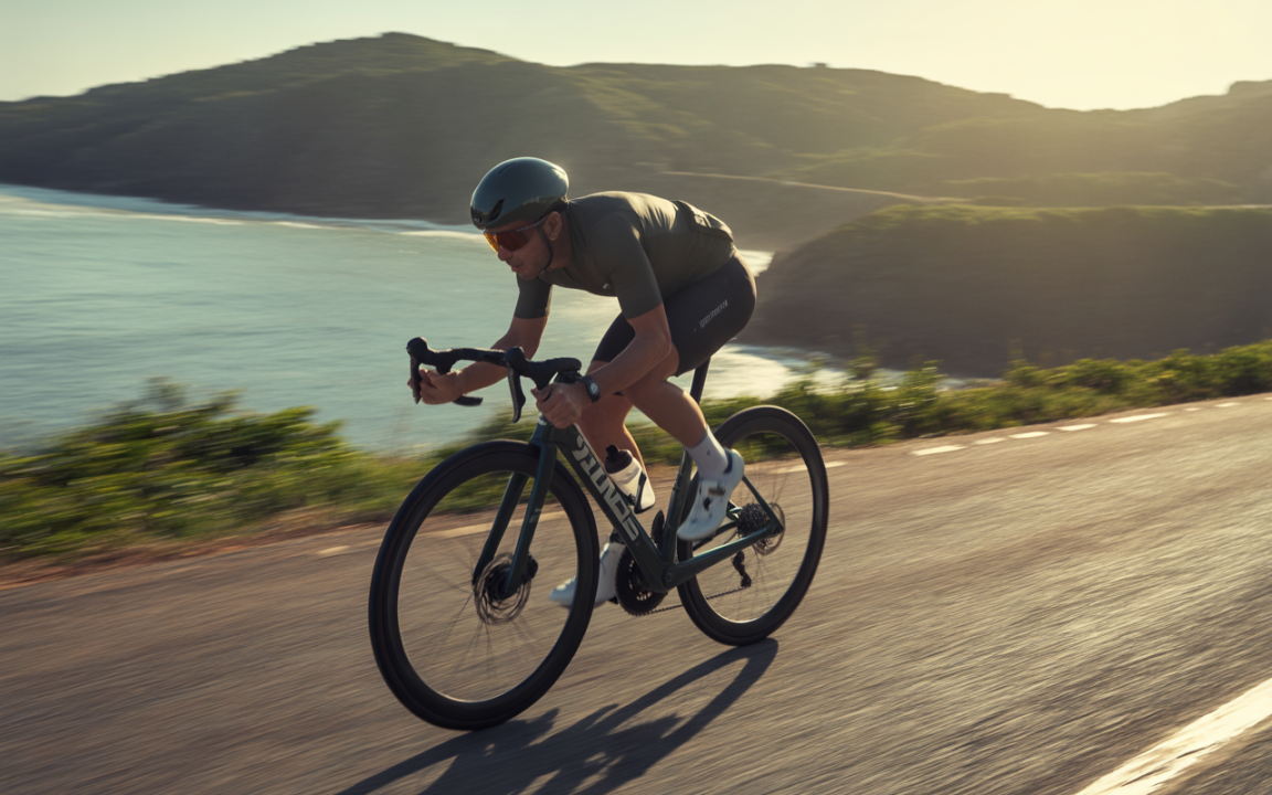 Un cycliste en mouvement sur une route côtière, avec un paysage verdoyant et une mer en arrière-plan, sous un éclairage doré.