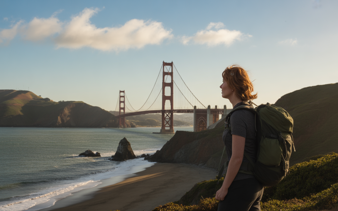 Femme regardant le Golden Gate Bridge depuis une colline, avec un paysage côtier en arrière-plan au lever du soleil.