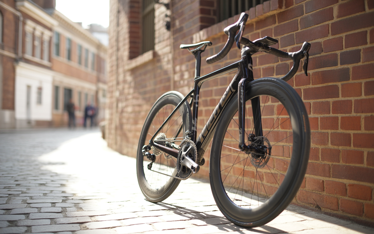 Vélo moderne posé contre un mur de briques dans une ruelle pavée, avec des bâtiments en arrière-plan. Lumière naturelle.