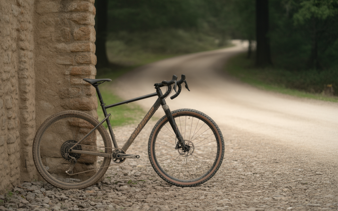 Vélo tout terrain noir appuyé contre un mur en pierre, chemin de gravier flou en arrière-plan, ambiance paisible en forêt.