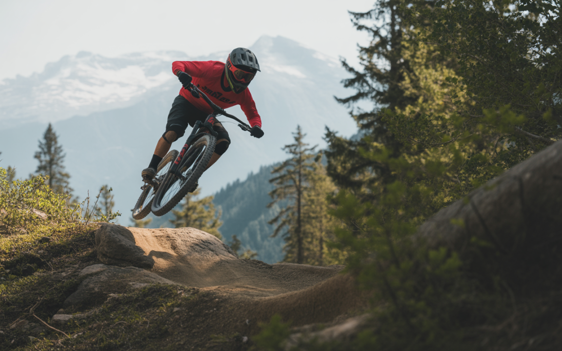 Un cycliste de montagne en tenue rouge saute au-dessus d'un obstacle, entouré de forêts et de montagnes en arrière-plan.