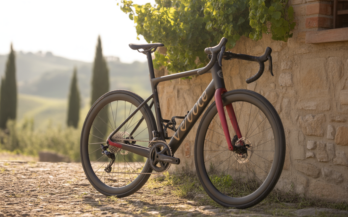 Une bicyclette moderne repose contre un mur de pierre, entourée de verdure et de collines ensoleillées.