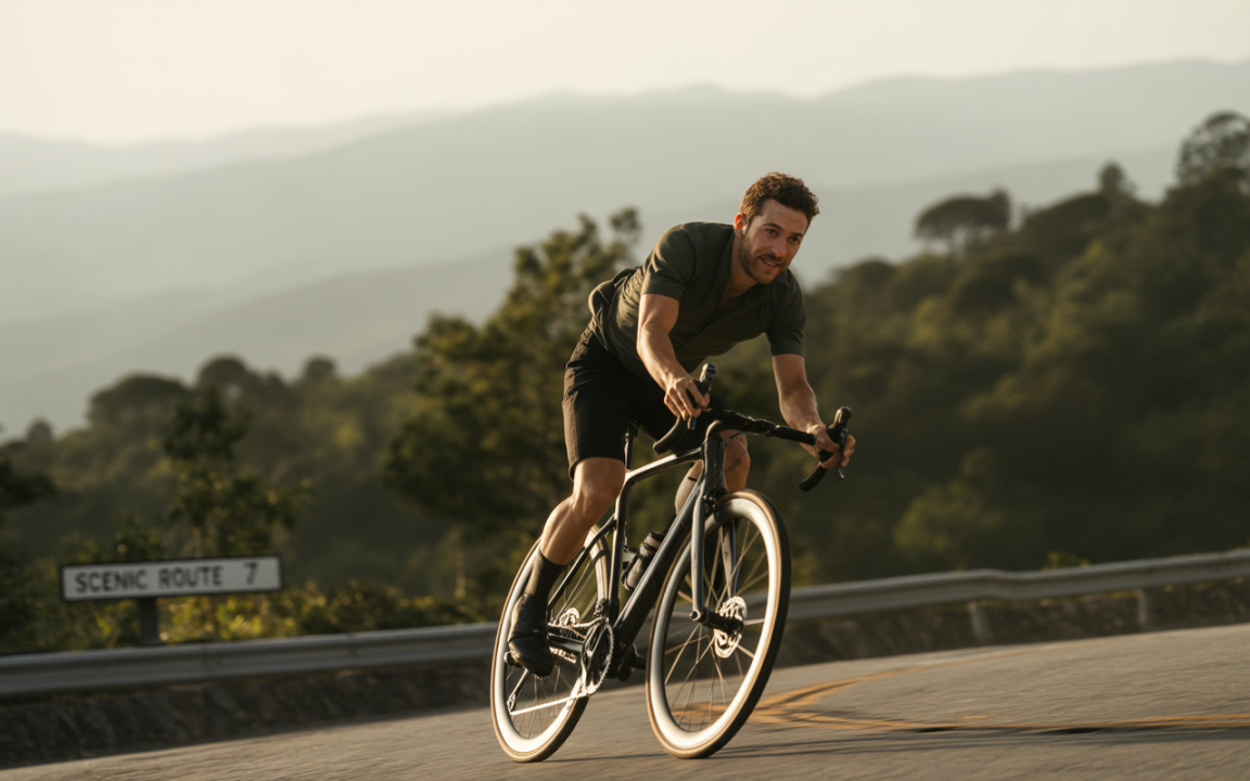 Un cycliste souriant roule sur une route sinueuse, entouré de collines verdoyantes sous une lumière dorée de fin d'après-midi.
