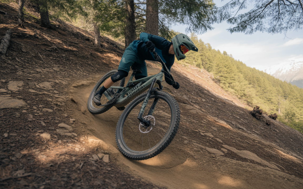 Un cycliste en pleine action sur un sentier terreux, entouré de forêt et de montagnes, portant un casque et des protections.