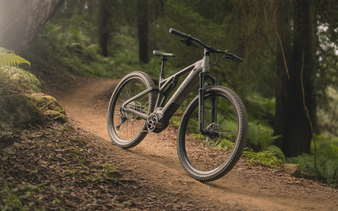 Vélo de montagne moderne posé sur un chemin de terre, entouré de verdure et d'arbres en arrière-plan.