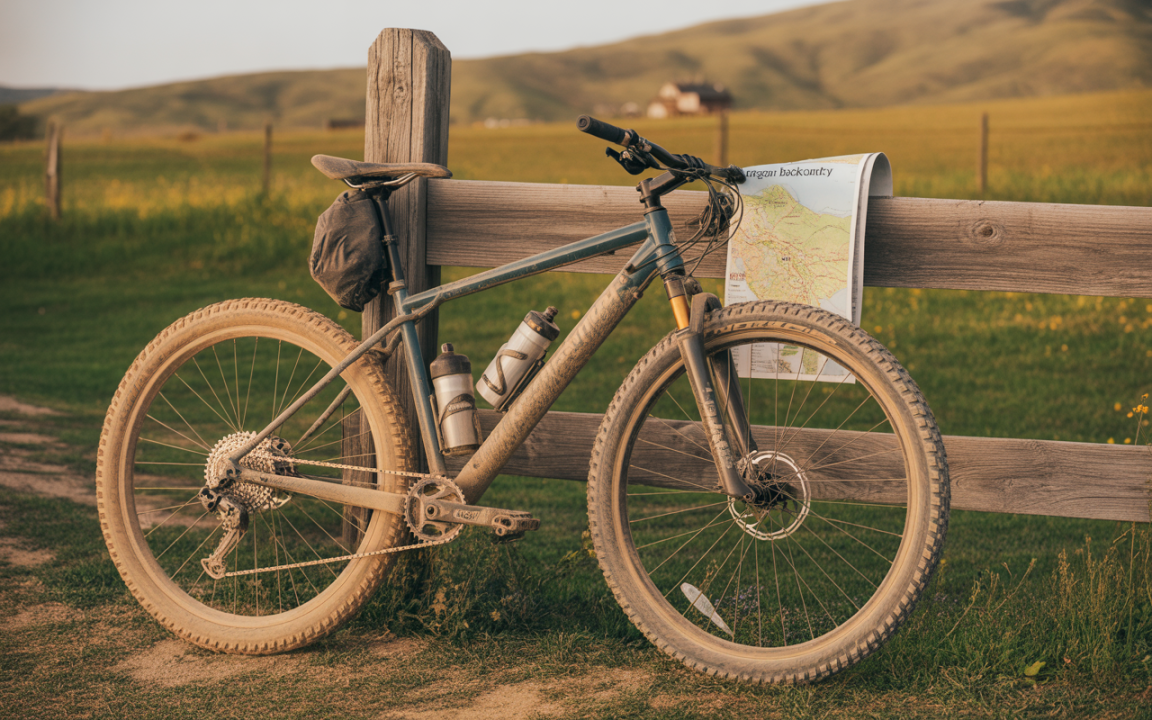 Vélo de montagne posé sur une clôture en bois, avec une carte et deux bouteilles d'eau, dans un paysage verdoyant.