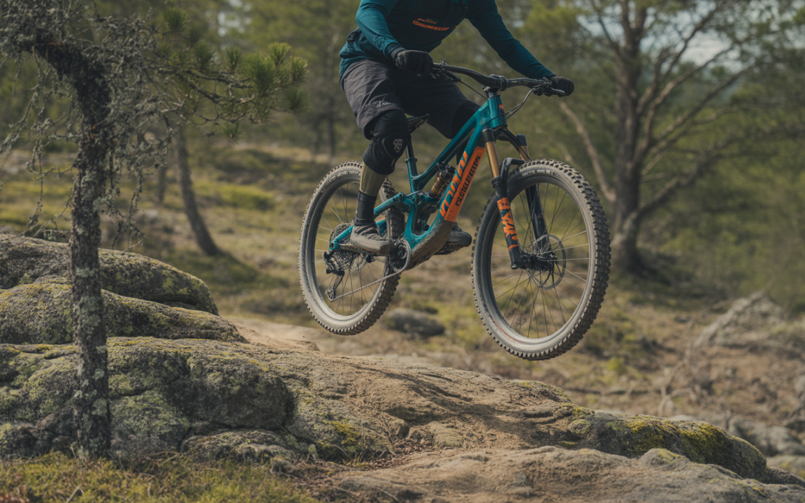 Un cycliste en suspension sur son VTT, survolant des rochers dans un environnement naturel verdoyant.