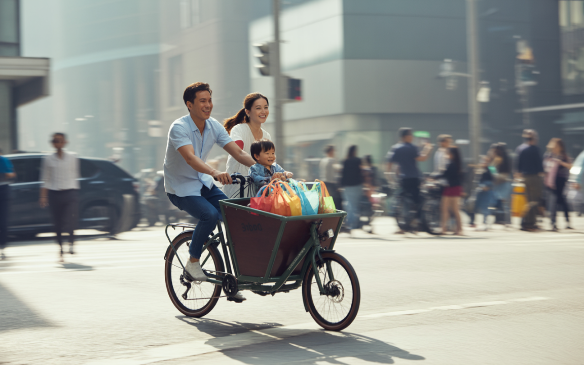 Une famille à vélo traverse une rue animée, le père souriant, la mère et un enfant transportant des sacs colorés.
