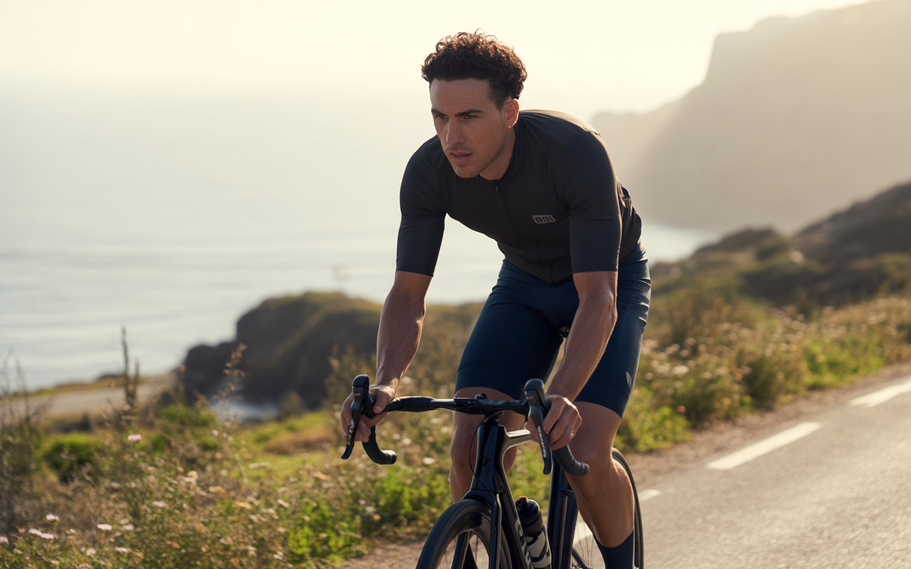 Cycliste concentré sur une route côtière, portant un maillot et un short de sport, avec la mer en arrière-plan.