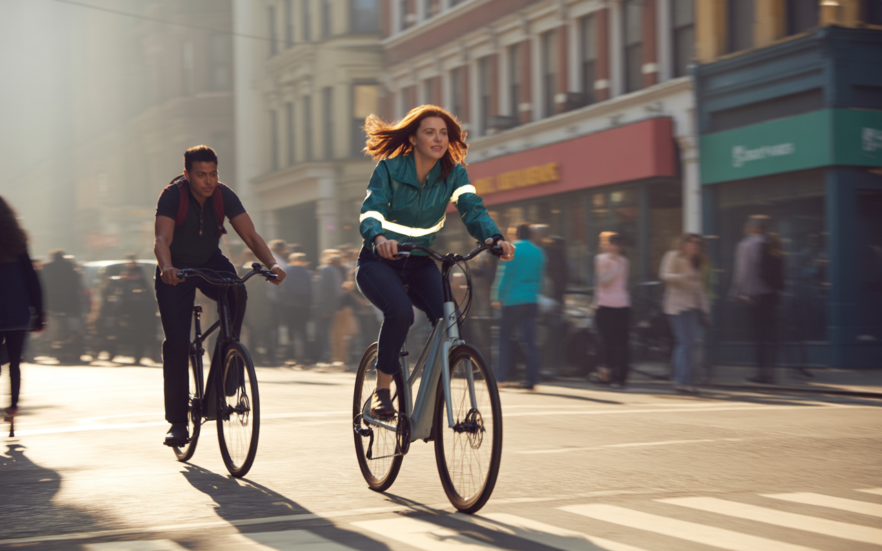 Deux cyclistes traversent une rue animée, entourés de piétons, sous une lumière dorée du matin.