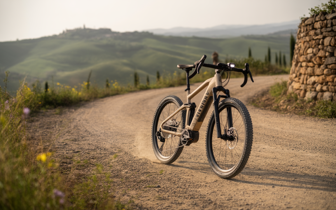Vélo tout terrain sur une route de gravier, entouré de collines verdoyantes et de fleurs sauvages, au coucher du soleil.