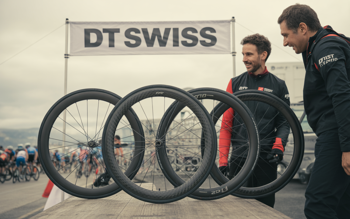 Deux hommes examinant des roues de vélo devant un panneau "DT SWISS" lors d'un événement cycliste, avec des cyclistes en arrière-plan.