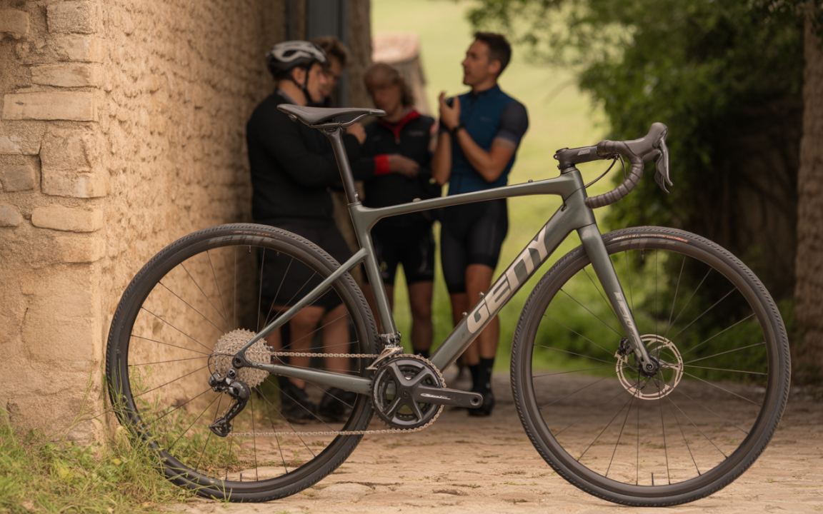 Vélo gris en premier plan, groupe de cyclistes discutant en arrière-plan, fond de paysage verdoyant.