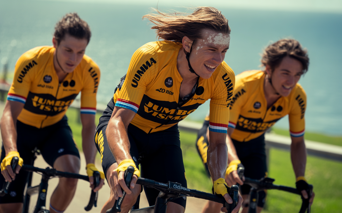 Trois cyclistes en maillot jaune s'entraînent sur une route surplombant la mer par une journée ensoleillée.