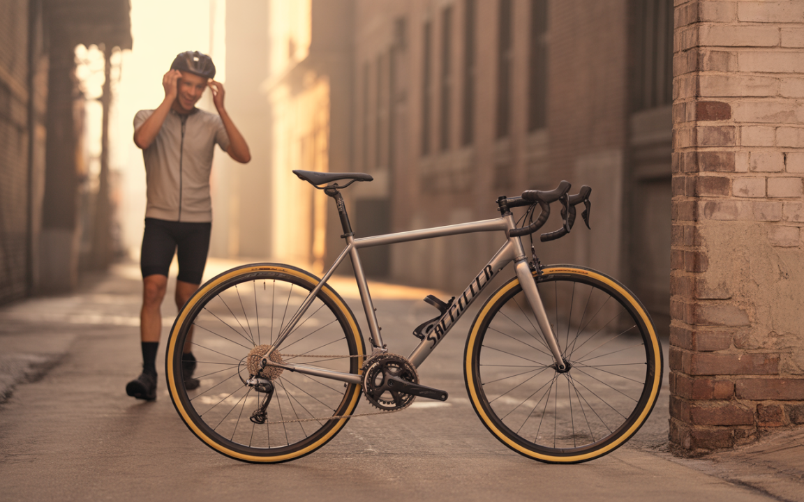 Un cycliste avec un casque marche vers une bicyclette élégante, stationnée dans une ruelle étroite, éclairée par la lumière du matin.