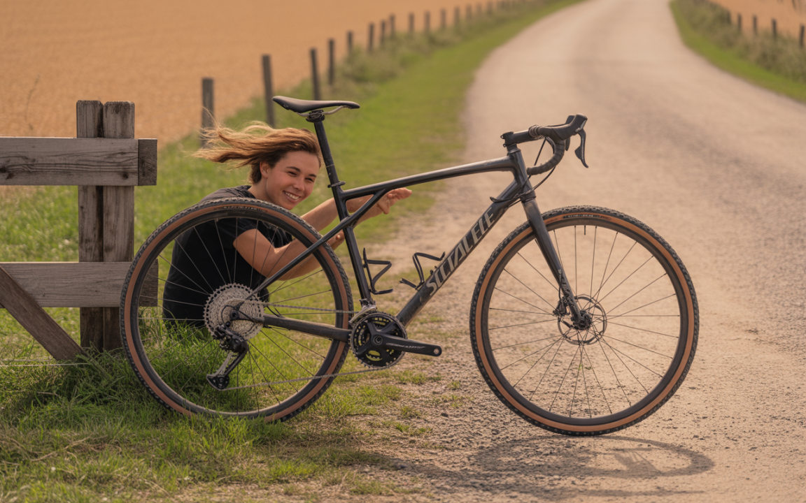 Femme souriante posant avec un vélo, assise près d'une clôture sur un chemin rural bordé de champs.