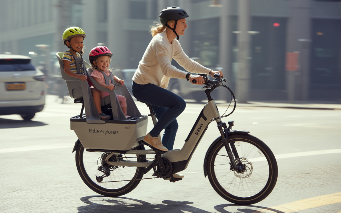 Femme à vélo électrique avec deux enfants en sièges sécurisés, circulant dans une ville ensoleillée. Atmosphère joyeuse et dynamique.