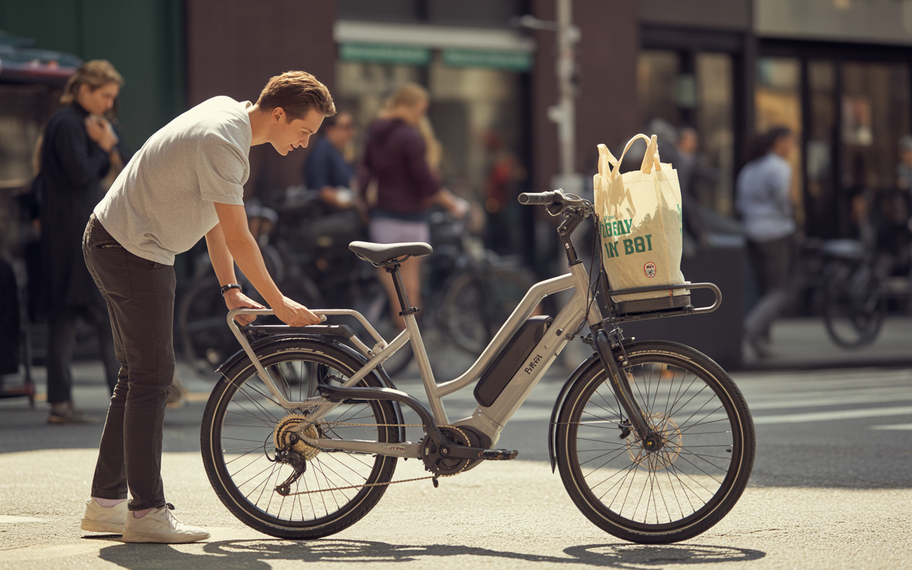 Un jeune homme examine un vélo électrique gris, avec un sac en toile sur le porte-bagages, en pleine rue animée.