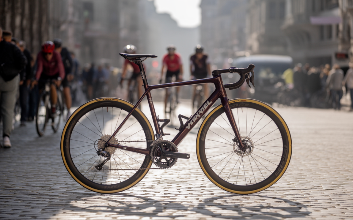 Vélo au premier plan sur une rue pavée, avec des cyclistes flous et une ambiance urbaine en arrière-plan.